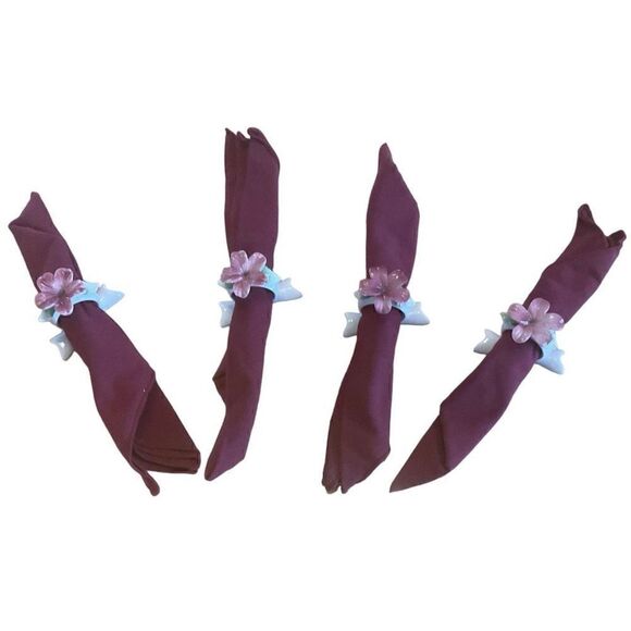 Burgundy Cloth Napkins and Ceramic Floral Napkin Rings - Picture 1 of 3